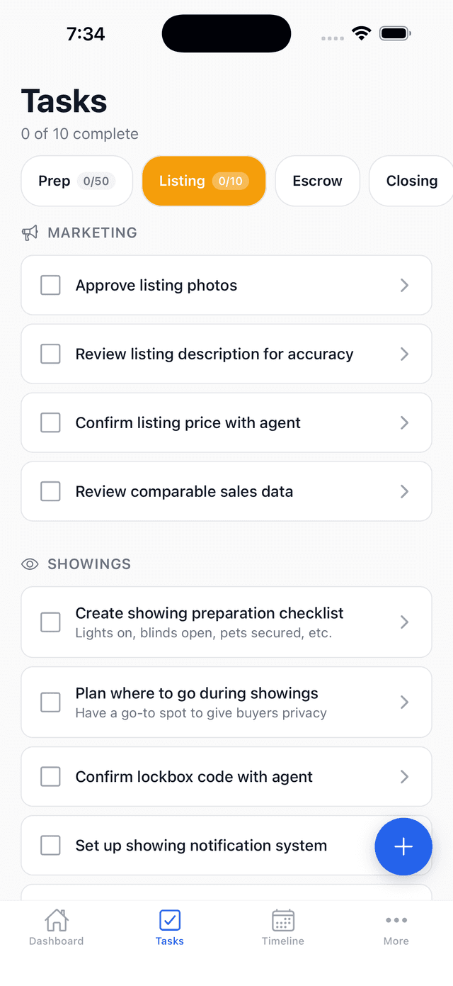 SellThisHouse Tasks Screen